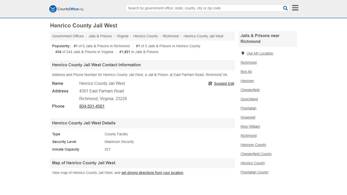 Henrico County Jail West - Richmond, VA (Address and Phone)